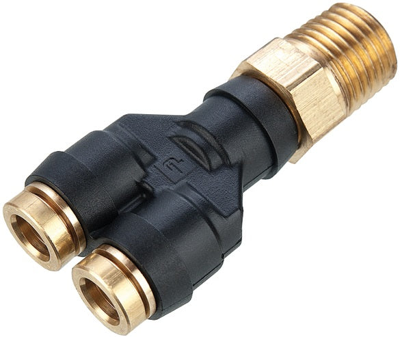 31485614DOT Legris by Dixon Valve | D.O.T. Push-In Pneumatic Fitting | Y Connector | 1/4" Male NPT x 1/4" Tube OD x 1/4" Tube OD | Composite/Brass