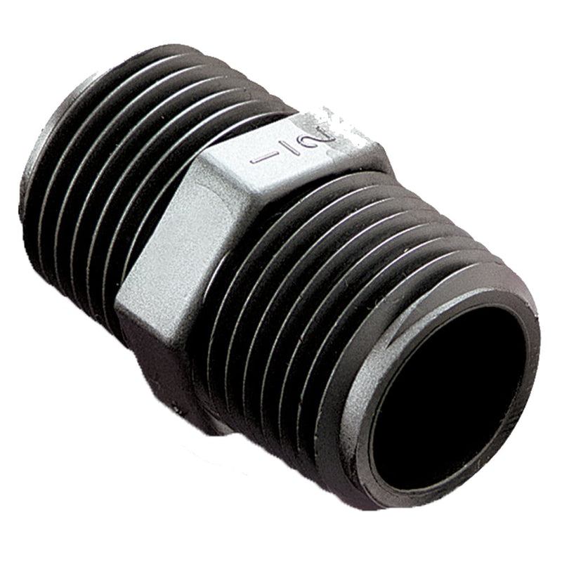 316P-6-4PP by Parker | Pipe Fitting | 3/8" Male NPT Pipe Thread x 1/4" Male NPT Pipe Thread | 11/16" Hex | 1.25" Length | Straight | Black | Polypropylene