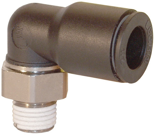 31990810 by Dixon Valve | Legris Metric Push-In Fitting | Male Connector | 90° Elbow | 8mm Tube OD x 1/8" Male BSPP | Nylon / Nickel Plated Brass
