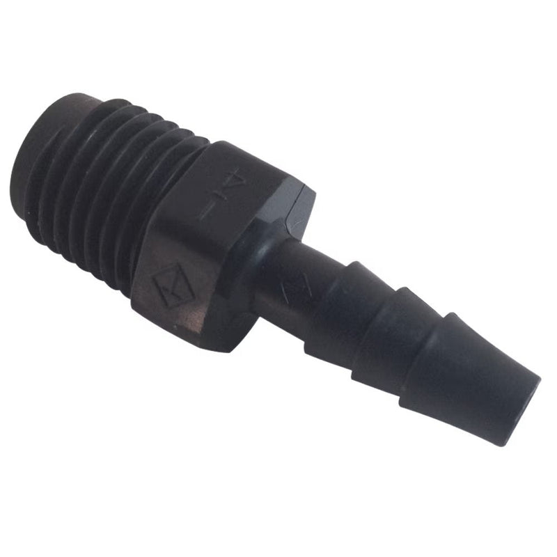 325HB-6-4PP by Parker | Threaded Fitting | Connector | 3/8" Barb x 1/4" Male NPT Pipe Thread | 9/16" Hex | 1.62" Length | Straight | Black | Polypropylene