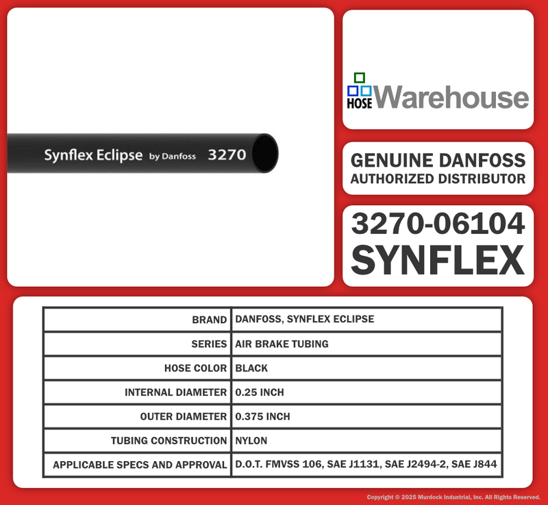 3270-06104 Synflex Solstice by Danfoss | 3270 Eclipse | Type B Truck Air Brake Tubing | .375" Tube OD | 0.25" Tube ID | 0.06" Wall Thickness | Black | 3000 ft Length (Non-Continuous)