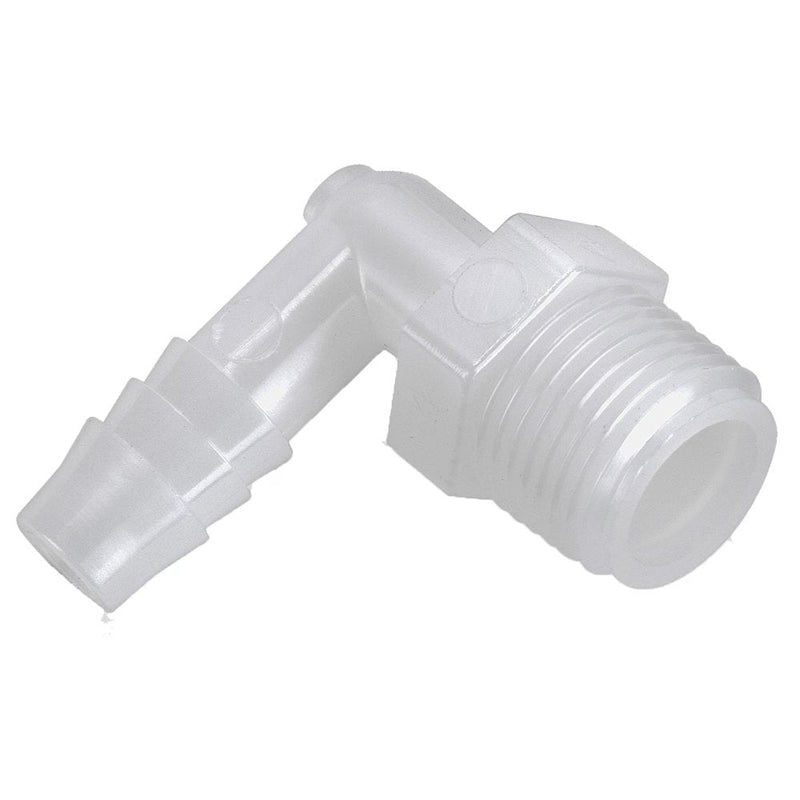329HB-12-8N by Parker | Threaded Fitting | 3/4" Barb x 1/2" Male NPT Pipe Thread | 7/8" Hex | 90° Elbow | White | Nylon