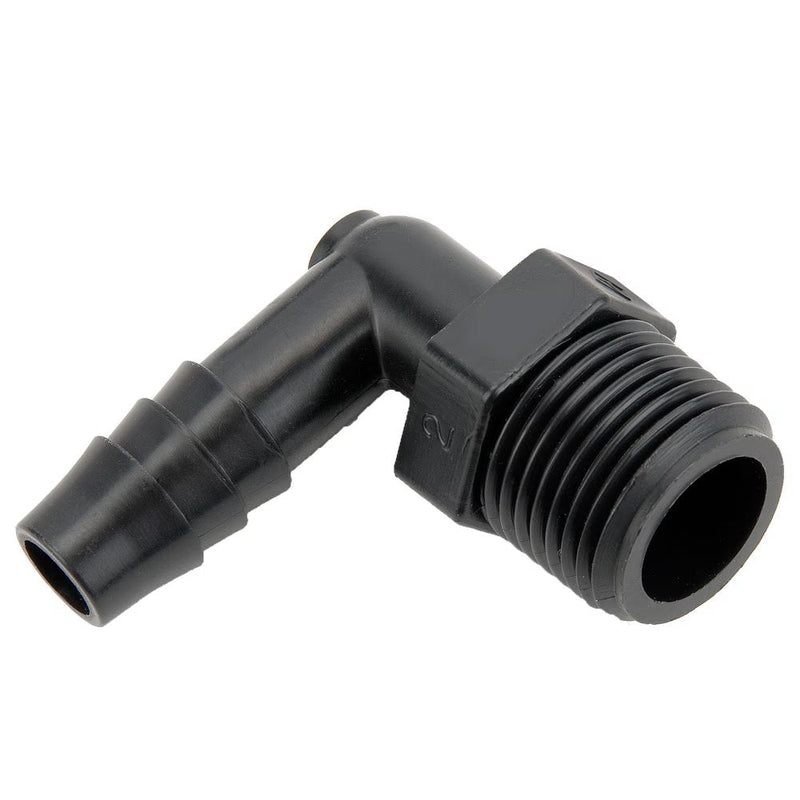 329HB-6-2PP by Parker | Threaded Fitting | 3/8" Barb x 1/8" Male NPT Pipe Thread | 7/16" Hex | 90° Elbow | Black | Polypropylene