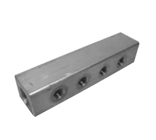 381174-2 by Alemite | Manifold Block | 5" Length w/ 1-1/8" Square | 8 3/8" Female NPT End Ports | (180°) | Aluminum