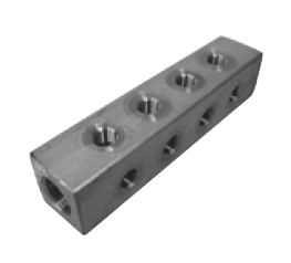 381190-2 by Alemite | Manifold Block | 5" Length w/ 1-1/8" Square | 8 3/8" Female NPT End Ports | (90°) | Aluminum