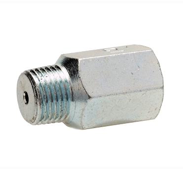 381281-1 by Alemite | Condensing Fitting | Inlet: 1/8" Female NPTF | Outlet: 1/8" Male NPTF | SAE Special Short | Length: 0.38" | Finish: Zinc