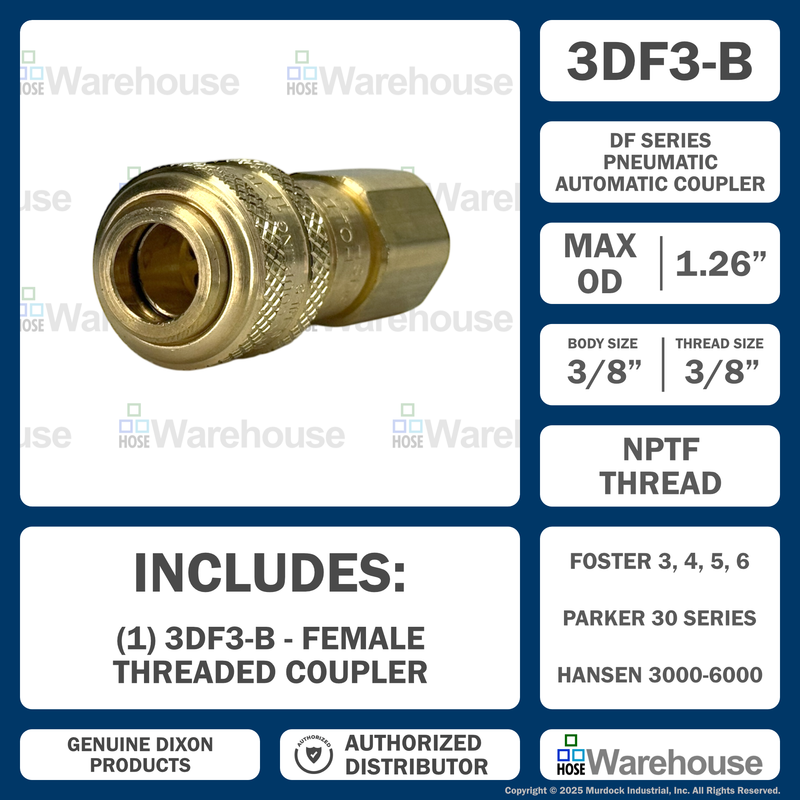 3DF3-B by Dixon Valve | Pneumatic Quick Disconnect Coupling | D-Series | 3/8" Female NPTF x 3/8" Automatic Industrial Interchange | Socket | Nitrile Seal | Brass