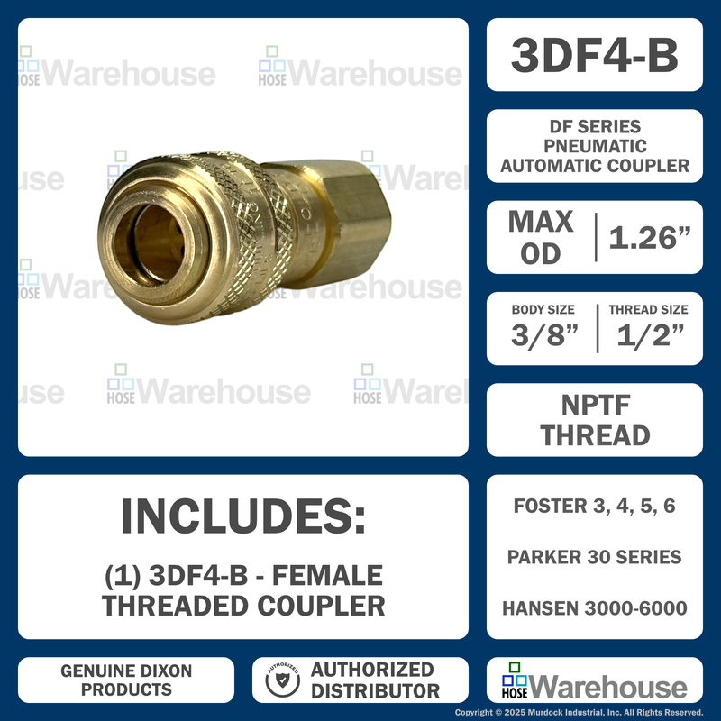 3DF4-B by Dixon Valve | Pneumatic Quick Disconnect Coupling | D-Series | 1/2" Female NPTF x 3/8" Automatic Industrial Interchange | Socket | Nitrile Seal | Brass