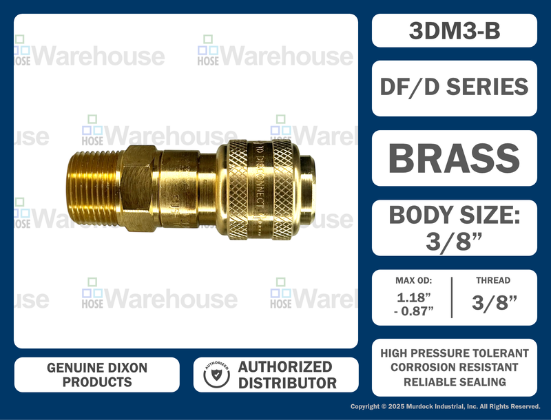 3DM3-B by Dixon Valve | Pneumatic Quick Disconnect Coupling | D-Series | 3/8" Male NPTF x 3/8" Automatic Industrial Interchange | Socket | Nitrile Seal | Brass