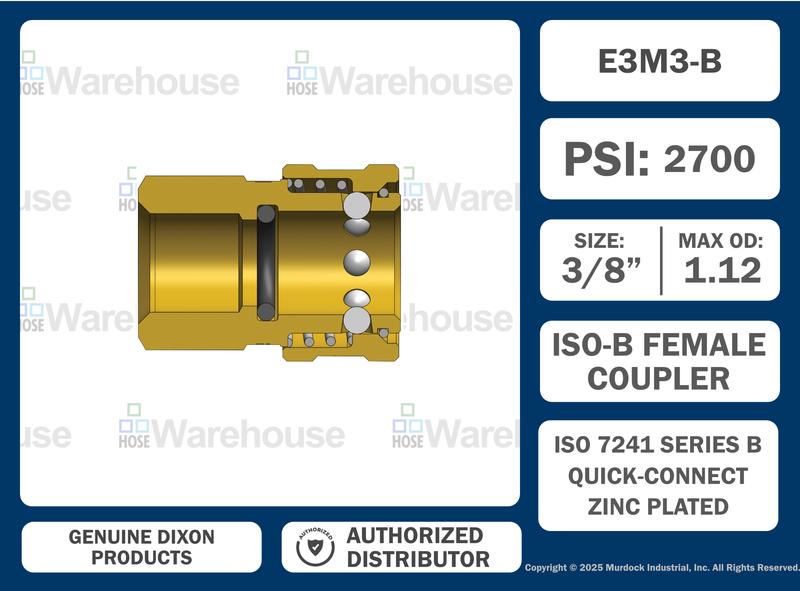 3EF3-B by Dixon Valve | Hydraulic Quick Disconnect Coupling | E-Series | 3/8" Female NPTF x 3/8" Straight-Through Interchange | Socket | Nitrile Seal | Brass