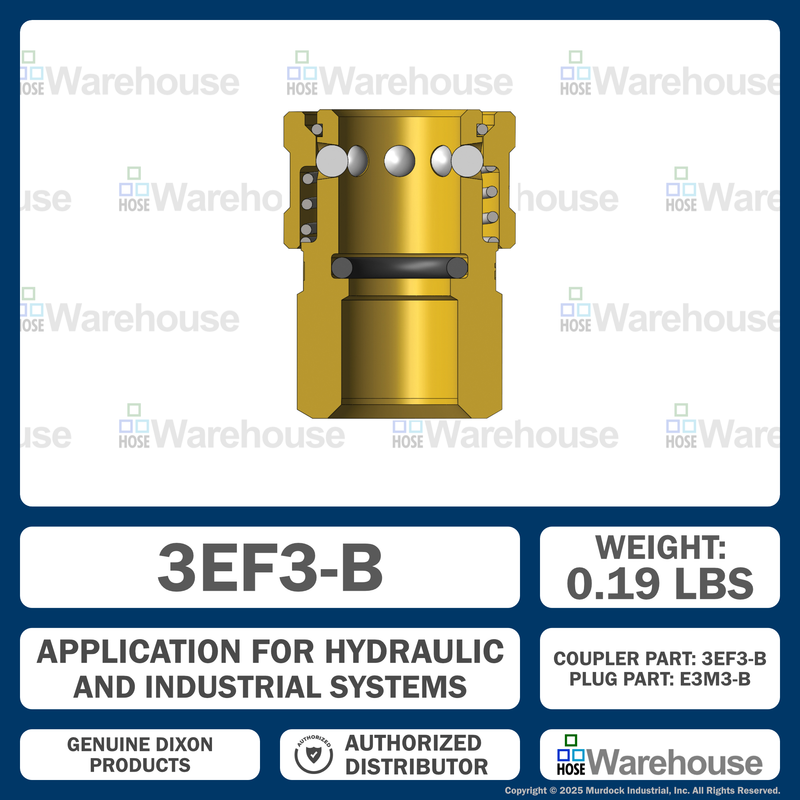 3EF3-B by Dixon Valve | Hydraulic Quick Disconnect Coupling | E-Series | 3/8" Female NPTF x 3/8" Straight-Through Interchange | Socket | Nitrile Seal | Brass
