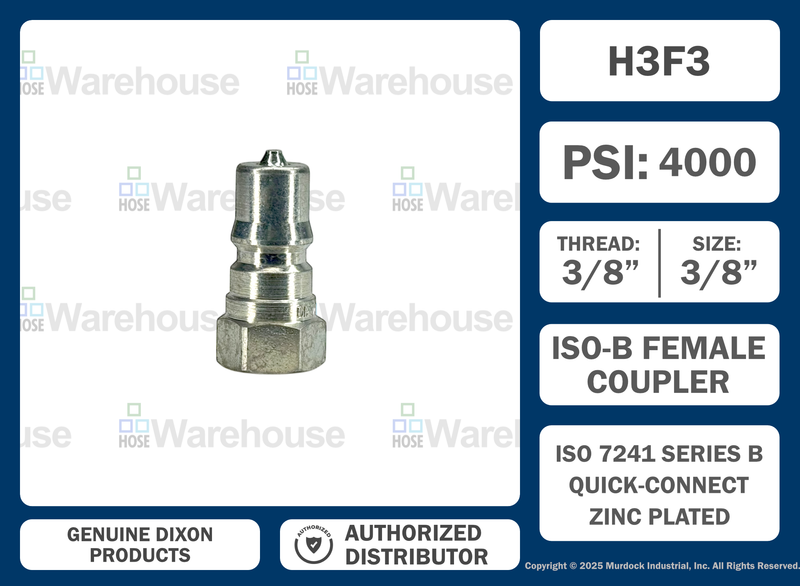 H3F3 by Dixon Valve | Hydraulic Quick Disconnect Coupling | H-Series | 3/8" Female NPTF x 3/8" ISO-B Interchange | Plug | Steel