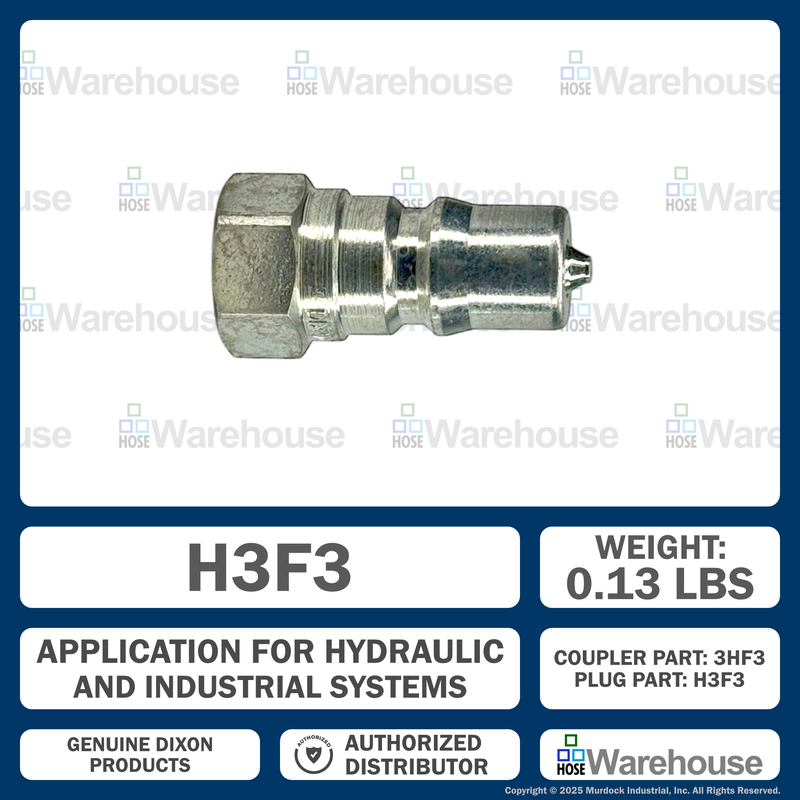 H3F3 by Dixon Valve | Hydraulic Quick Disconnect Coupling | H-Series | 3/8" Female NPTF x 3/8" ISO-B Interchange | Plug | Steel