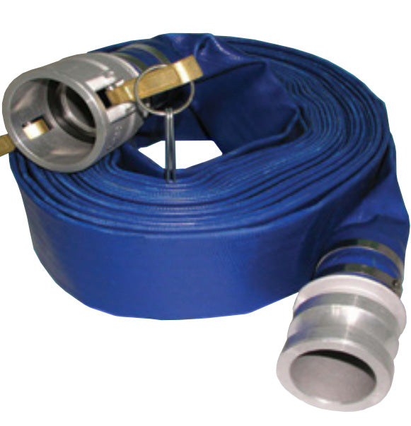 4502-2000-050CE by Jason Industrial | 4502 Series | Lay Flat Water Discharge Hose Assembly | PVC | 2" ID | 85 PSI | 2" Aluminum Cam Lock (C x E) | Blue | 50ft