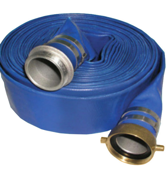 4502-3000-050AB by Jason Industrial | 4502 Series | Lay Flat Water Discharge Hose Assembly | PVC | 3" ID | 70 PSI | 3" Pin Lug (MxF) | Blue | 50ft