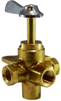 46257 (46-257) by Midland | Less Click 4 Way Ball Valve | Bottom Outlet | 1/4" Female Pipe | Cross | Brass