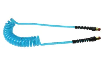 PUE14-15B-T by Coilhose | Flexeel® Reinforced Coiled Air Hose | 1/4" Hose ID x 3/8" Hose OD | 1/4" Male NPT Swivel Reusable Strain Relief Fittings | Transparent Blue | Polyurethane | 15ft