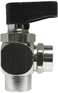 46672 (46-672) by Midland | Push-In Fitting | Panel Mount Mini Ball Valve | 3/8" Female Pipe x 3/8" Female Pipe (Angle) | 90° Elbow | Chrome Plated Brass