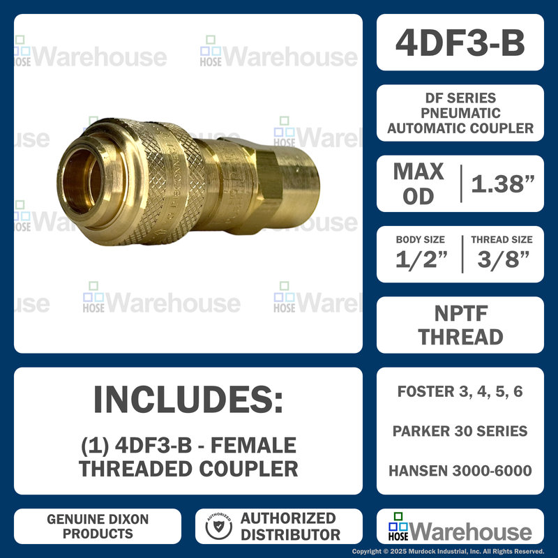 4DF3-B by Dixon Valve | Pneumatic Quick Disconnect Coupling | D-Series | 3/8" Female NPTF x 1/2" Automatic Industrial Interchange | Socket | Nitrile Seal | Brass