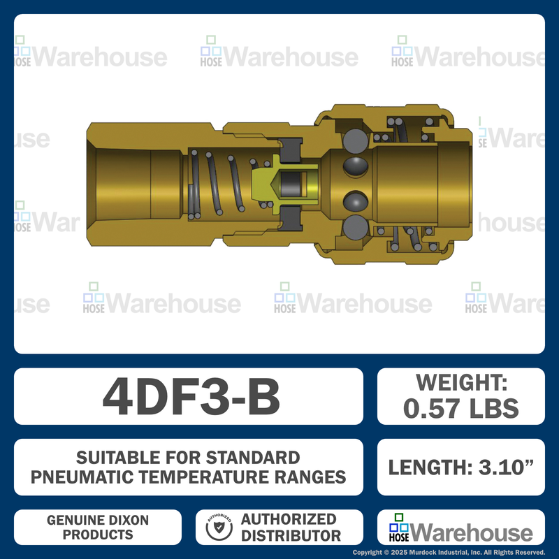 4DF3-B by Dixon Valve | Pneumatic Quick Disconnect Coupling | D-Series | 3/8" Female NPTF x 1/2" Automatic Industrial Interchange | Socket | Nitrile Seal | Brass
