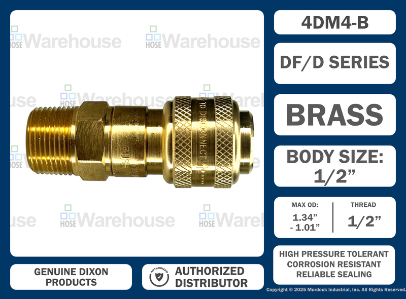 4DM4-B by Dixon Valve | Pneumatic Quick Disconnect Coupling | D-Series | 1/2" Male NPTF x 1/2" Automatic Industrial Interchange | Socket | Nitrile Seal | Brass