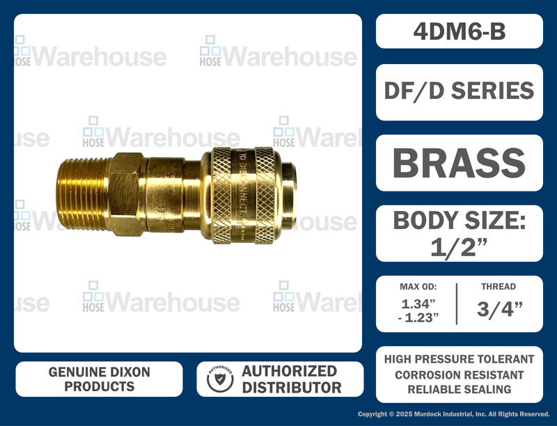 4DM6-B by Dixon Valve | Pneumatic Quick Disconnect Coupling | D-Series | 3/4" Male NPTF x 1/2" Automatic Industrial Interchange | Socket | Nitrile Seal | Brass