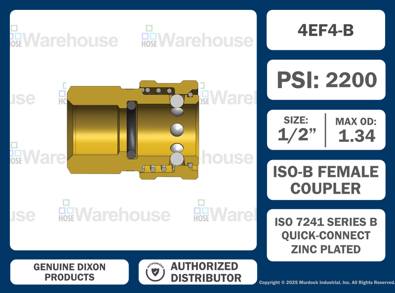 4EF4-B by Dixon Valve | Hydraulic Quick Disconnect Coupling | E-Series | 1/2" Female NPTF x 1/2" Straight-Through Interchange | Socket | Nitrile Seal | Brass