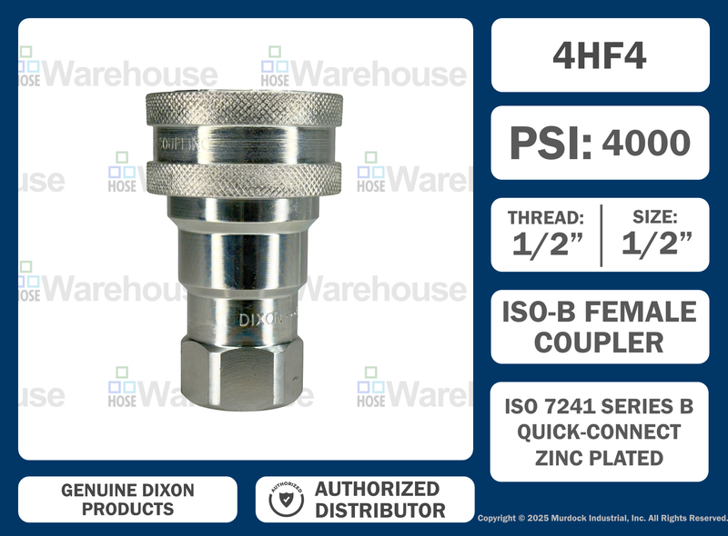 4HF4 by Dixon Valve | Hydraulic Quick Disconnect Coupling | H-Series | 1/2" Female NPTF x 1/2" ISO-B Interchange | Socket | Nitrile Seal | Steel