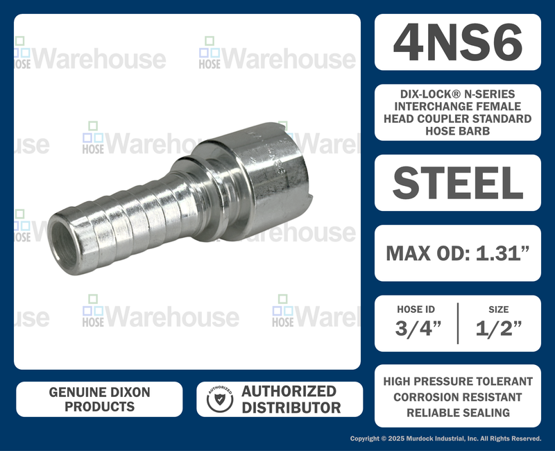 4NS6 by Dixon Valve | Pneumatic Quick Disconnect Coupling | Dix-Lock® N-Series | Hose Barb | 3/4" Hose ID x 1/2" Body Size | Socket | Nitrile Seal | Steel