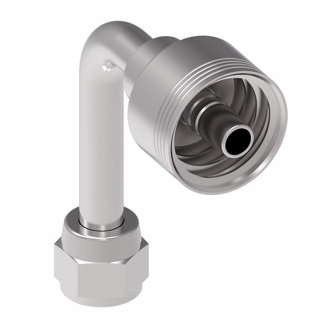 4SA8FJC8 Aeroquip by Danfoss | 4 Wire 4S Female JIC 37° Swivel 90° Long Drop Elbow (FJC) Crimp Fitting | -08 Female JIC 37° Swivel x -08 Hose Barb | Steel