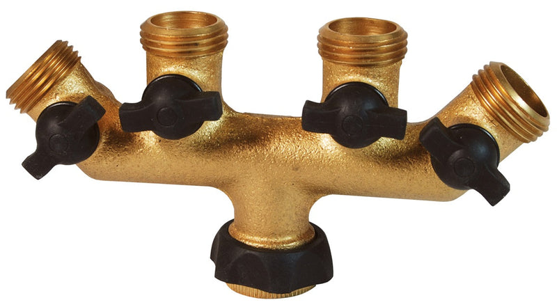 500GH4VBK by Dixon Valve | Garden Hose 4-Valve Manifold | 3/4" Female GH (NH) Swivel Inlet | 3/4" Male GH (NH) Outlets | Forged Brass