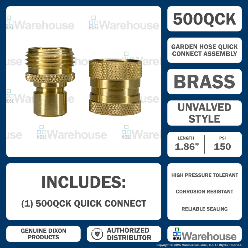 500QCK by Dixon Valve | Garden Hose Quick Disconnect Coupling | 3/4" Male GHT x 3/4" Female GHT | Complete Assembly | Unvalved | Brass