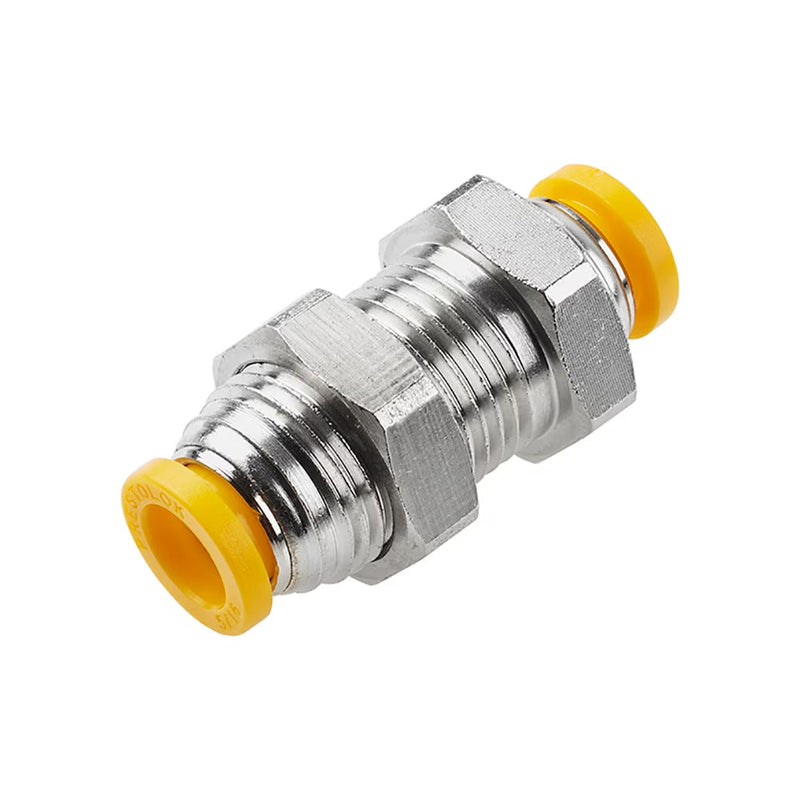 62PLPBH-4M by Parker | Prestolok PLP Push-to-Connect Fittings | Bulkhead Unions | 4mm Bulkhead Union Tube Size | 11mm Bulkhead Hole Dia. | 9/16" Hex | 35.49mm Length | 3.175mm Dia. | Straight | Nickel-Plated Brass | Pack of 10