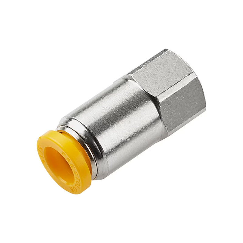 66PLP-6M-2G by Parker | Prestolok PLP Push-to-Connect Fittings | Threaded Fitting | 6mm Connector x 1/8" Female BSPP Thread | 9/16" Hex | 30.05mm Length | 4.775mm Flow Dia. | Straight | Nickel-Plated Brass | Pack of 10