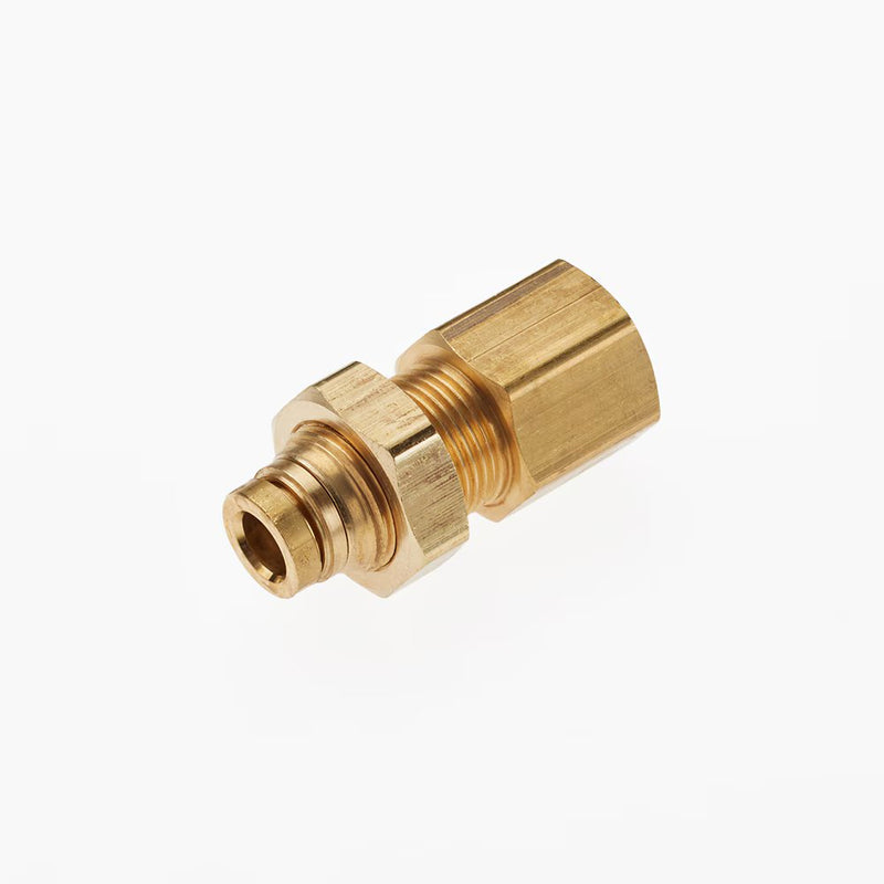 66PTCBH-6-6 by Parker | Bulkhead Union | 3/8" Push-to-Connect x 3/8" Female NPT Thread | 1.06" Hex | 1.87" Length | Straight | Brass | Pack of 10