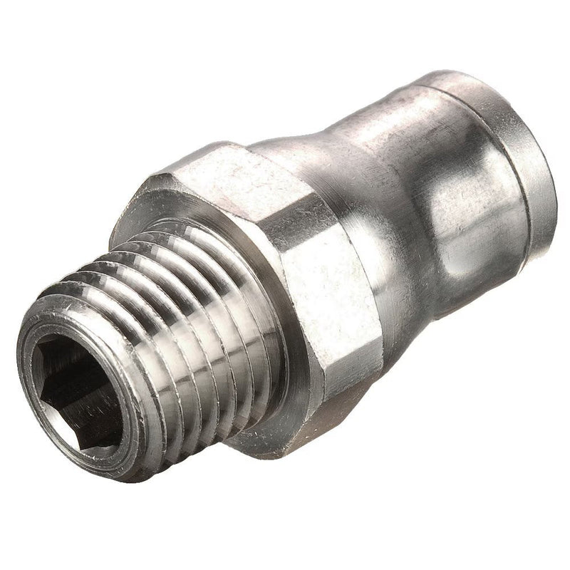 68PLM-12M-6R by Parker | Prestolok PLM Metal Push-to-Connect Fittings | Threaded Fitting | 12 mm Connector x 3/8" Male BSPT Threads | 22.00 mm Height | Straight | Electroless Nickel-Plated Brass | Pack of 10
