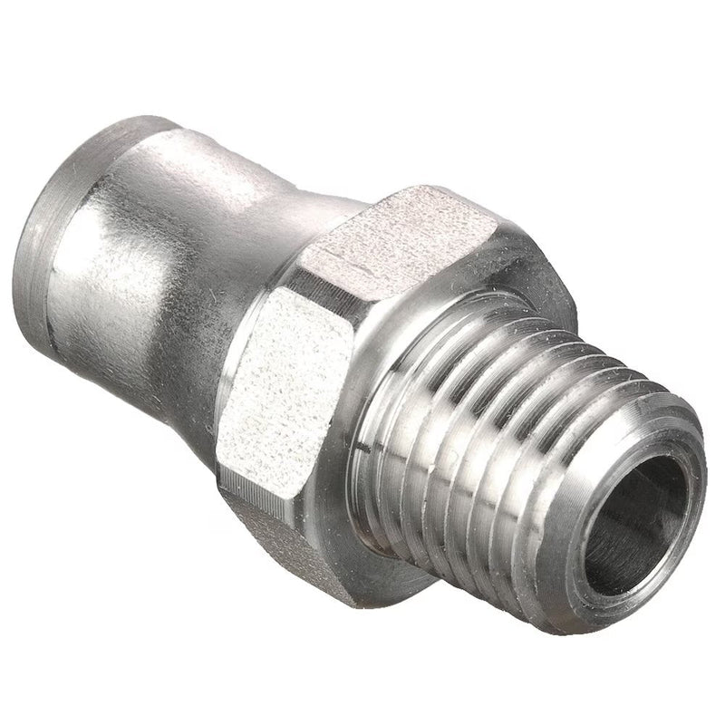 68PLS-8-4 by Parker | Prestolok PLS Push-to-Connect Fittings | Threaded Fitting | 1/2" Connector x 1/4" Male NPT Threads | 22 mm Height | 22 mm Width | Straight | Stainless Steel | Pack of 5