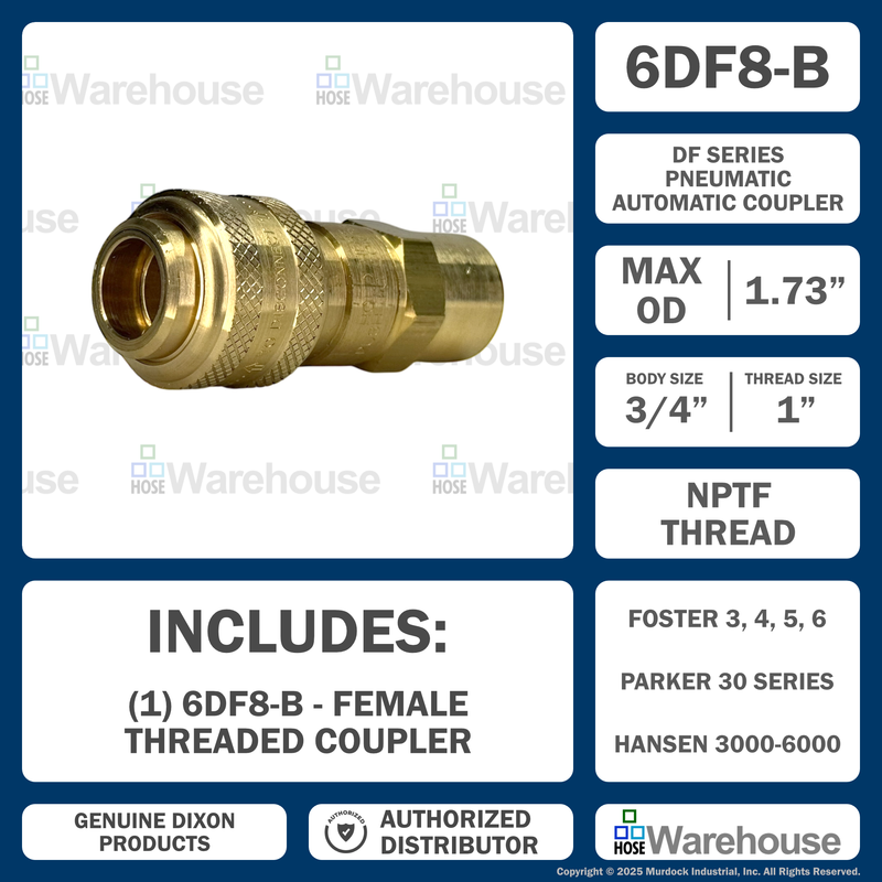 6DF8-B by Dixon Valve | Pneumatic Quick Disconnect Coupling | D-Series | 1" Female NPTF x 3/4" Automatic Industrial Interchange | Socket | Nitrile Seal | Brass