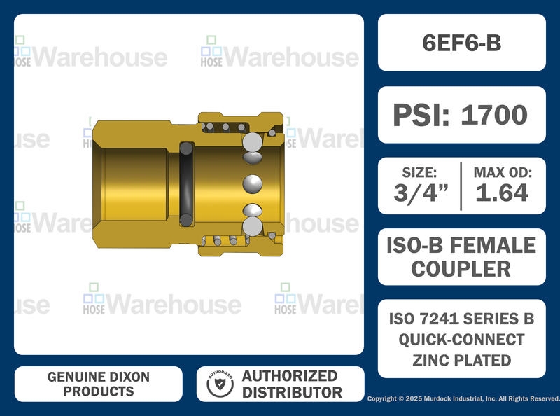 6EF6-B by Dixon Valve | Hydraulic Quick Disconnect Coupling | E-Series | 3/4" Female NPTF x 3/4" Straight-Through Interchange | Socket | Nitrile Seal | Brass