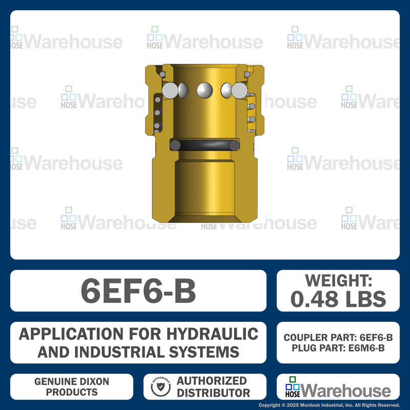 6EF6-B by Dixon Valve | Hydraulic Quick Disconnect Coupling | E-Series | 3/4" Female NPTF x 3/4" Straight-Through Interchange | Socket | Nitrile Seal | Brass