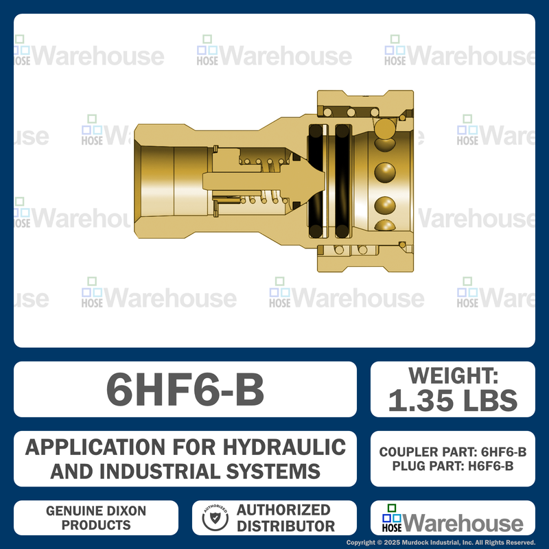 6HF6-B by Dixon Valve | Hydraulic Quick Disconnect Coupling | H-Series | 3/4" Female NPTF x 3/4" ISO-B Interchange | Socket | Nitrile Seal | Brass