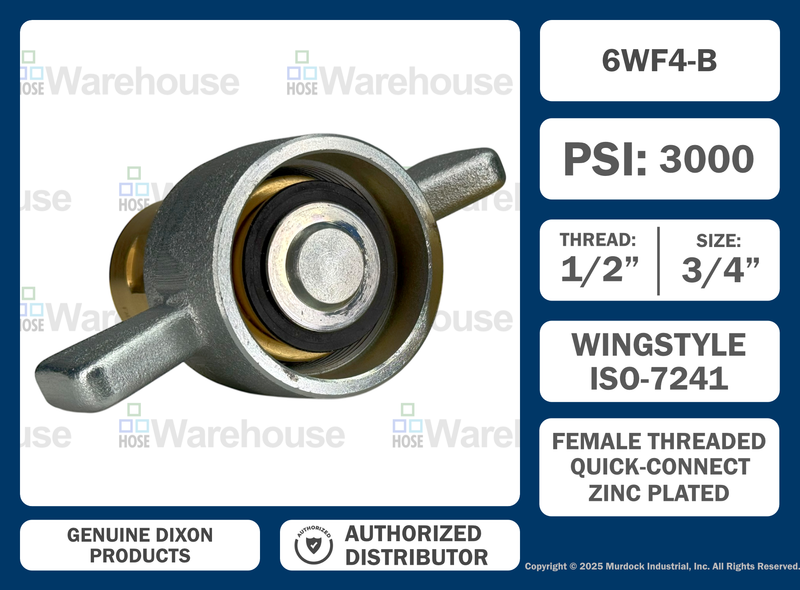 6WF4-B by Dixon Valve | Hydraulic Quick Disconnect Coupling | W-Series | 1/2" Female NPTF x 3/4" Wingstyle Interchange | Socket | Nitrile Seal | Brass