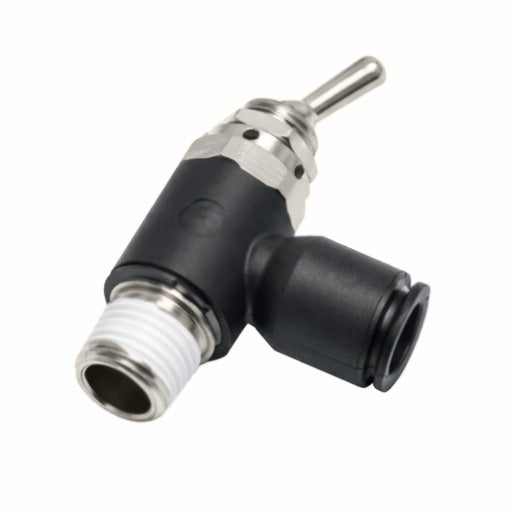 7805 04 11 by Parker | Manually Operated 3-Way Venting Valve (Supply 1) | 5/32" Tube Size x 1/8" Male NPT Thread | 1.69" Length | 90° Elbow | Glass-Reinforced Nylon