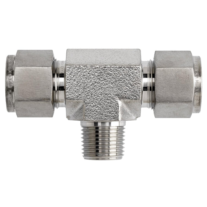 N2601-06-06-08-SS by Brennan Inc. | -06 Instrumentation Fitting x -06 Instrumentation Fitting x -08 Male NPT | Tee | Stainless Steel