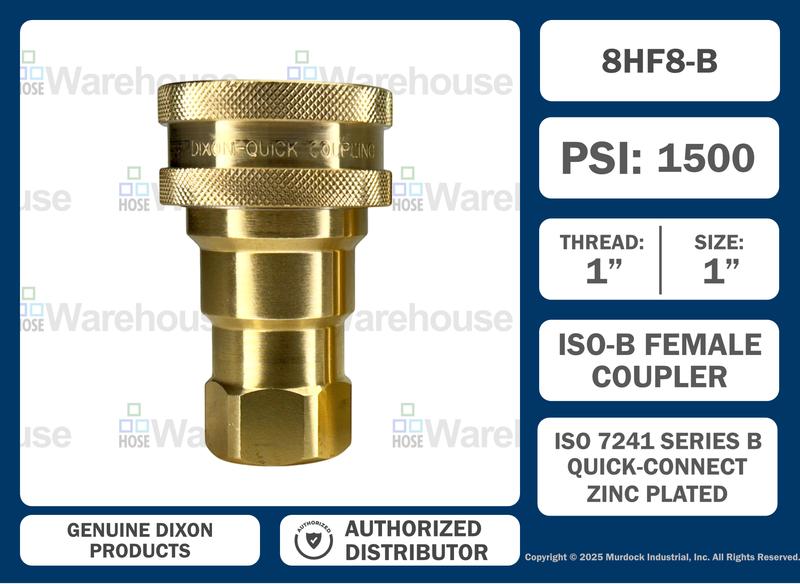 8HF8-B by Dixon Valve | Hydraulic Quick Disconnect Coupling | H-Series | 1" Female NPTF x 1" ISO-B Interchange | Socket | Nitrile Seal | Brass
