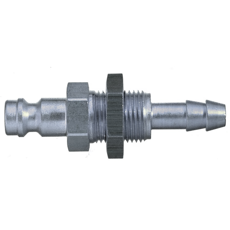 9095 21 04 by Parker | Legris Plug Quick Disconnect | 4 mm Hose Barb Panel Mount x M10x1 Metric Thread | 14 mm Hex | 14 mm Hex (1) | 50 mm Length | Straight | Nickel-Plated Brass