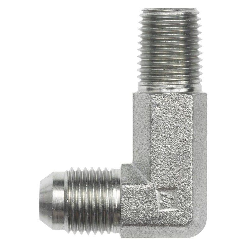 2501-L-04-04-SS by Brennan Inc. | -04 Male JIC x -04 Male Pipe | 90° Elbow (Long) | Stainless Steel