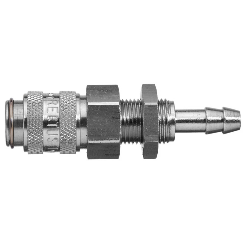 9226 21 06 by Parker | Legris Coupler Quick Disconnect w/ Panel Mount | 6 mm Hose Barb x M12x1 Metric Thread | 17 mm Hex | 17 mm Hex | 60 mm Length | Straight | Nickel-Plated Brass