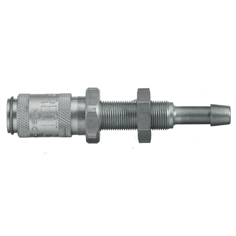 9226 20 03 by Parker | Legris Coupler Quick Disconnect w/ Panel Mount | 3 mm Hose Barb x M7x0.5 Metric Thread | 12 mm Hex | 11 mm Hex (1) | 51 mm Length | Straight | Nickel-Plated Brass