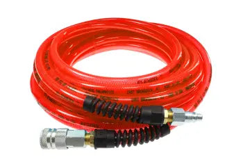 PFE6050TRS58C by Coilhose | Flexeel® Reinforced Hose | 3/8" Hose ID | 9/16" Hose OD | 3/8" Coupler & Connector with Reusable Strain Relief & Quick Connect Fittings | Industrial | 50ft | Transparent Red | Straight | Polyurethane